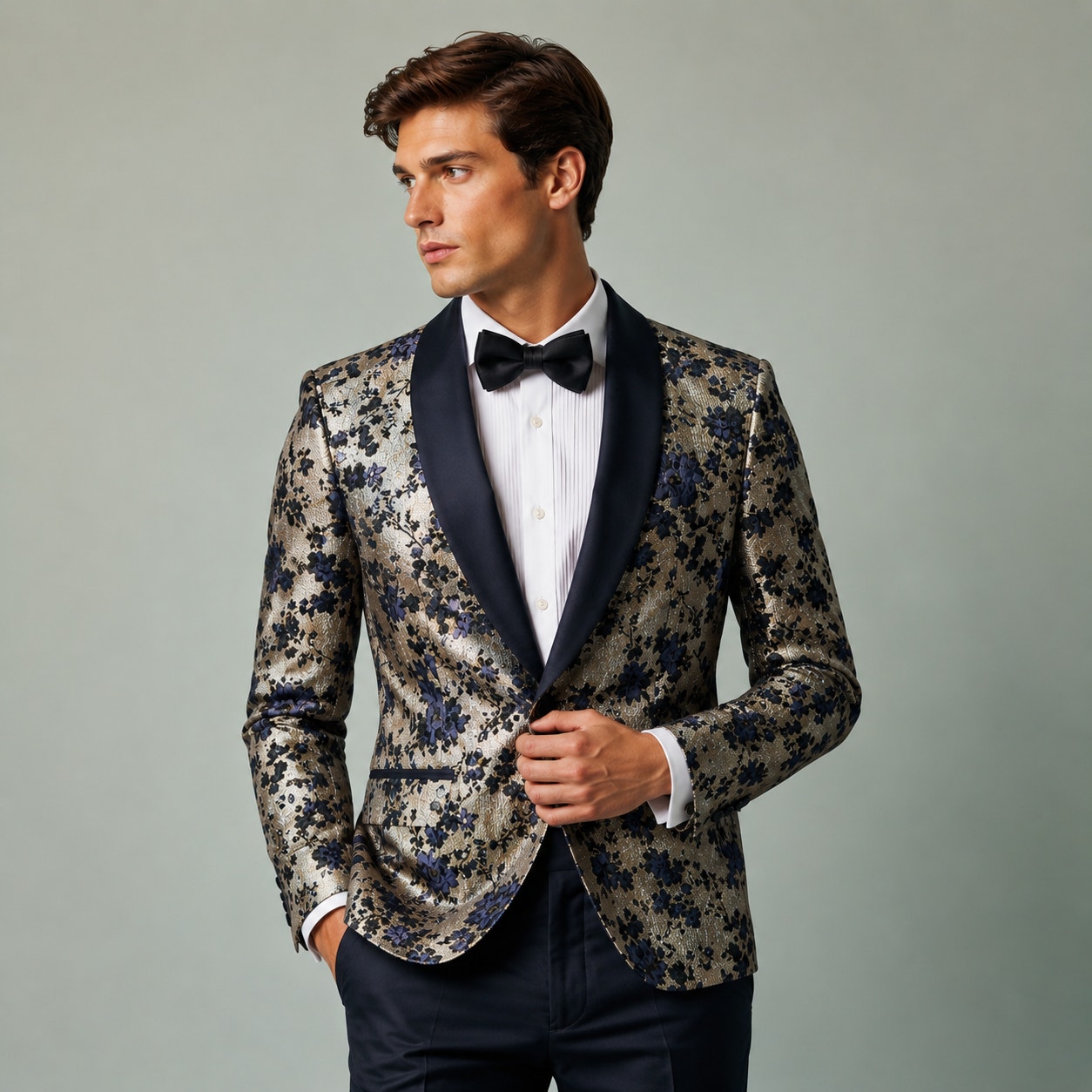 Connaisseur Mens Jacquard Satin Floral Tuxedo 46 Gold Blue Wedding Js Prom Suit